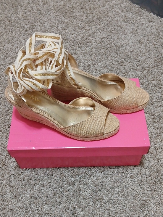 Lilly Pulitzer Shoes - Lilly Pulitzer Gold Woven Espadrille Wedge Sandals with Ankle Wrap